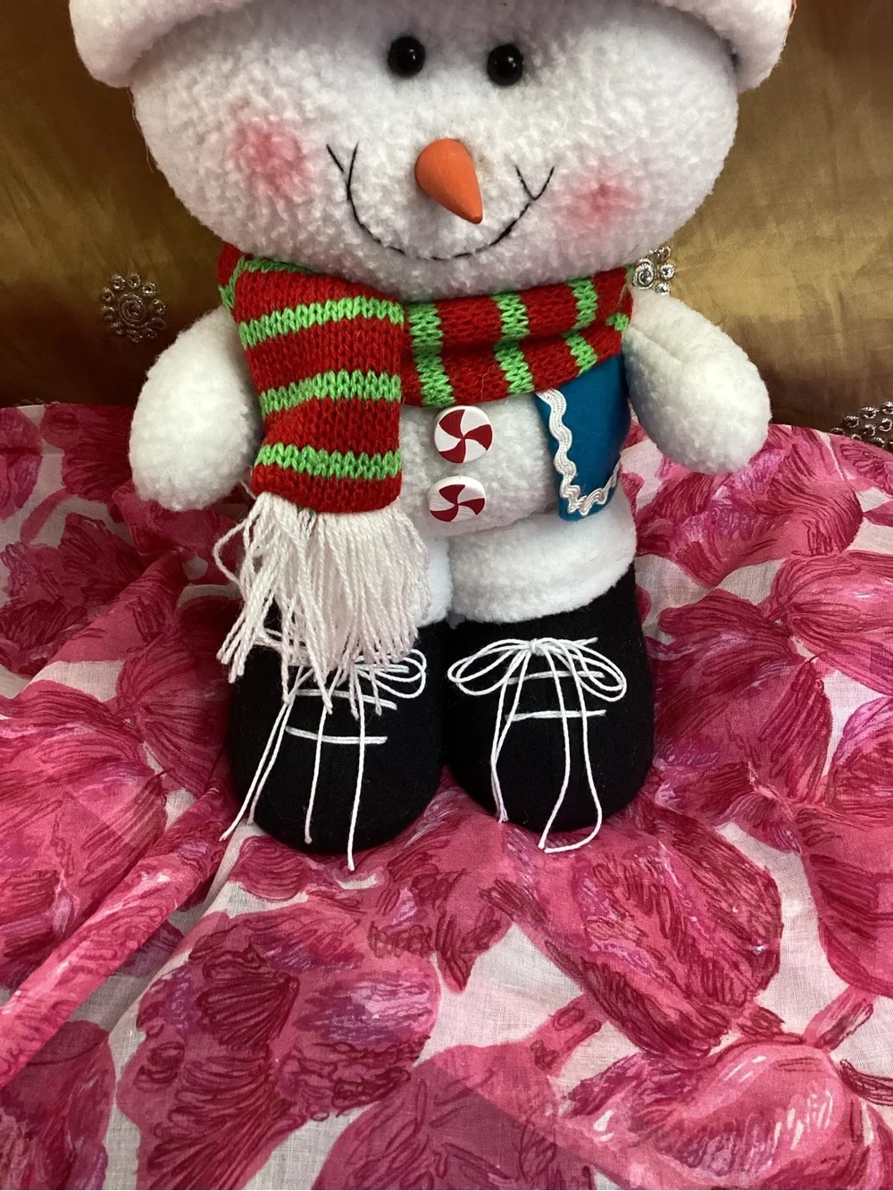 Plush Holiday Snowman with Green Striped Hat and Red-Green Scarf